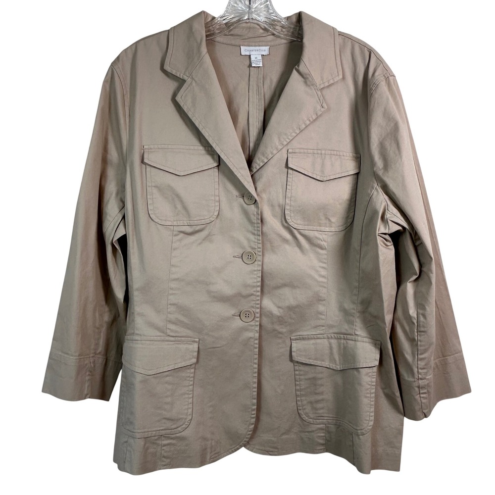 Charter Club Tan Cotton Utility Blazer Jacket Womens XL 3-Button Flap Pockets